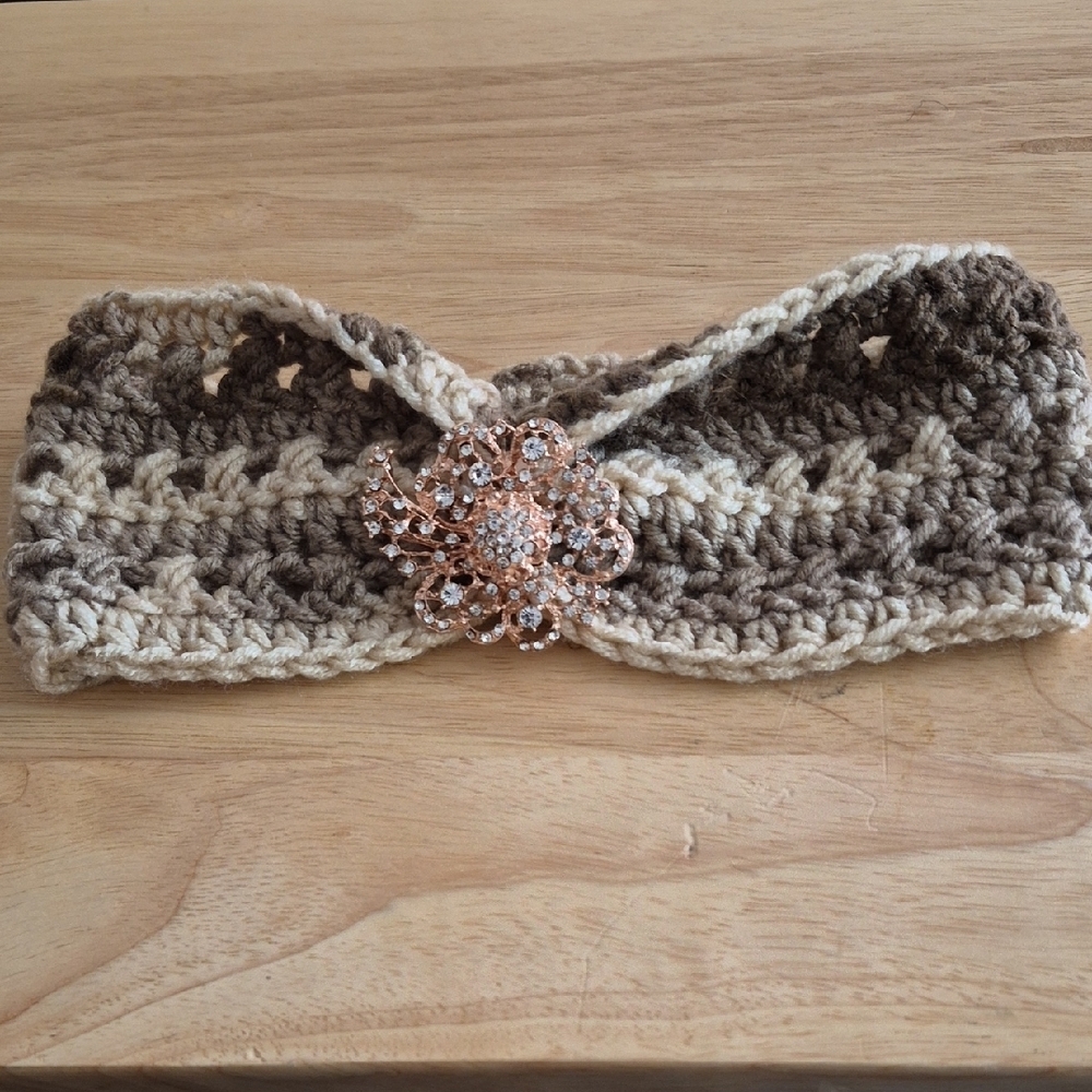 Crocheted Neutral Gradient Headband with Rose Gold Floral Brooch